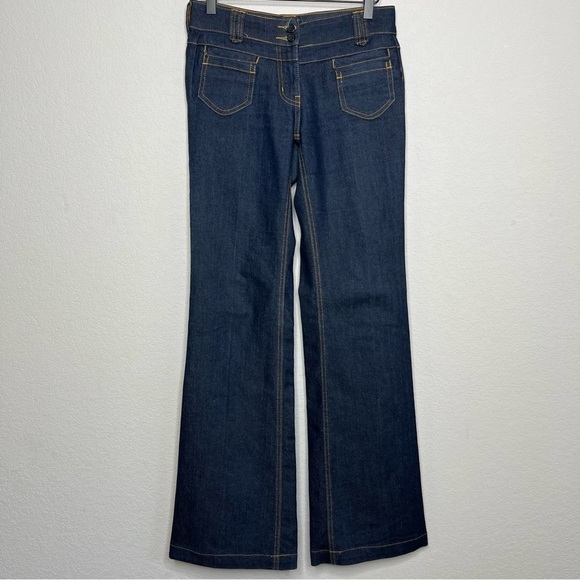 New York And Company Low Rise Flare Leg 70s Groovy Hippie Dark Wash Brown Stitch - Picture 1 of 9